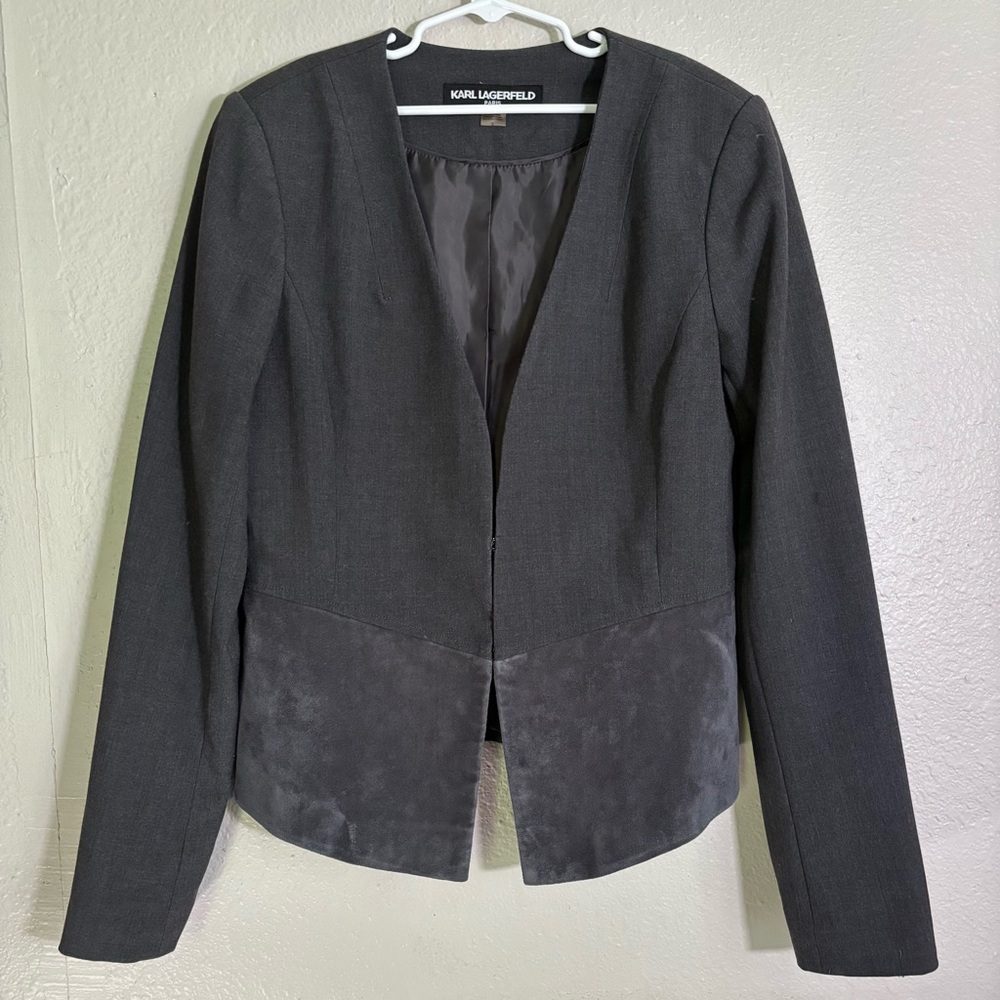 Gray Fitted V Neck Suede Suit Jacket Blazer Size 2 - Picture 4 of 8